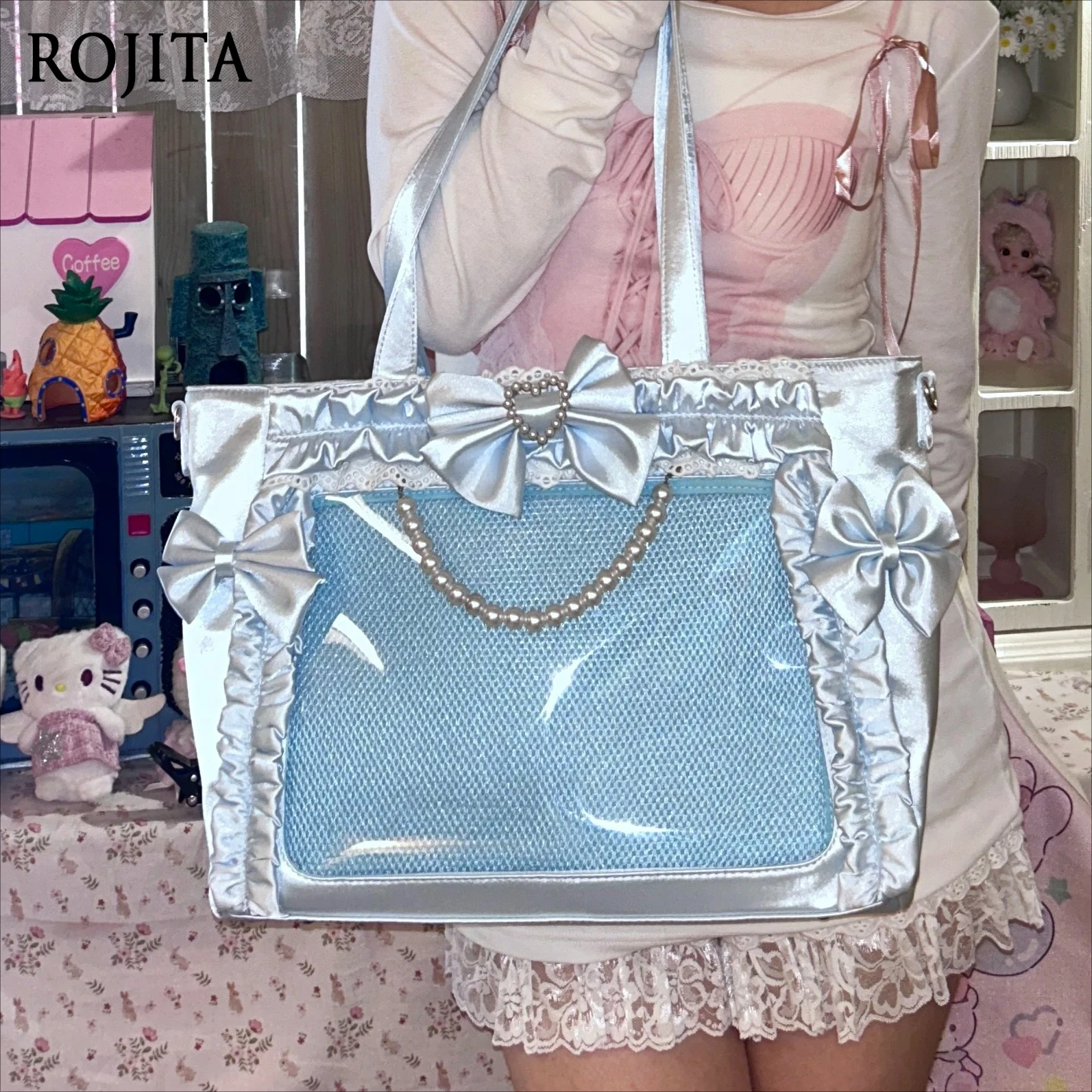 Satin Shiny Texture Princess Pain Bag Bowknot Pearl Lace Tote Bag Japanese Style Large Capacity Pearl Chain Strap backpacks