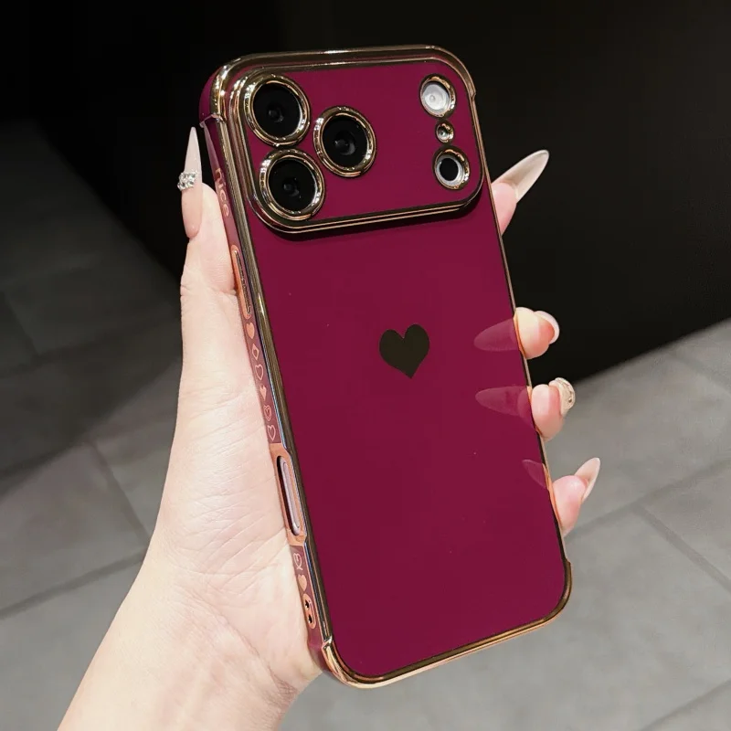 Luxury Love Heart Electroplating Phone Case For iPhone 18 14 15 16 17 Pro Max 16 15 18 Pro 17 15 13 Soft Shockproof Bumper Cover