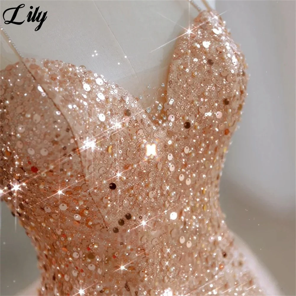 Lilie Roségold Pailletten Abendkleider schnüren zurück charmante Ballkleid Spaghetti träger V-Ausschnitt Party kleider Vestidos de Noche