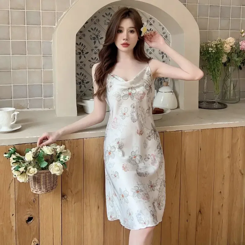 Summer Ice Silk Pajamas 2025 New Lady Sexy Pure Desire Style High-End Long Nightdress Women Thin Large Size Sweet Nightgown