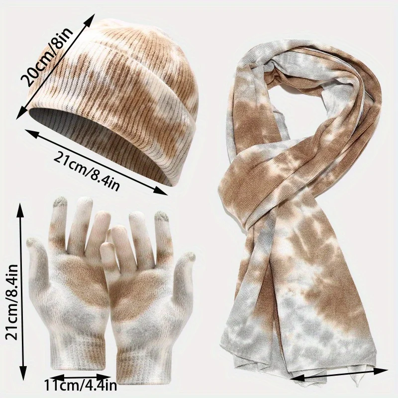 Tie Dye Knit Set 3Pcs Hat Gloves Scarf For Women Autumn Winter Outdoor Cold Protection Fashion Accessories
