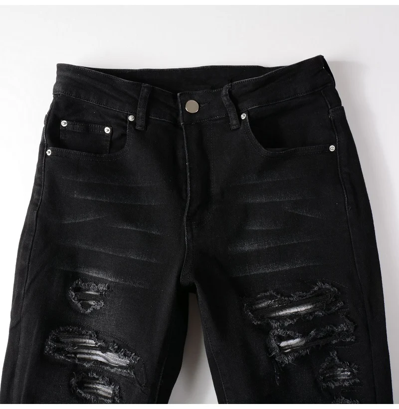 Herren Plissierte Patchwork-Biker-Jeans Streetwear Skinny Tapered Stretch-Denim-Hose Zerrissene Patchwork-Schwarze Hose – Detail 6