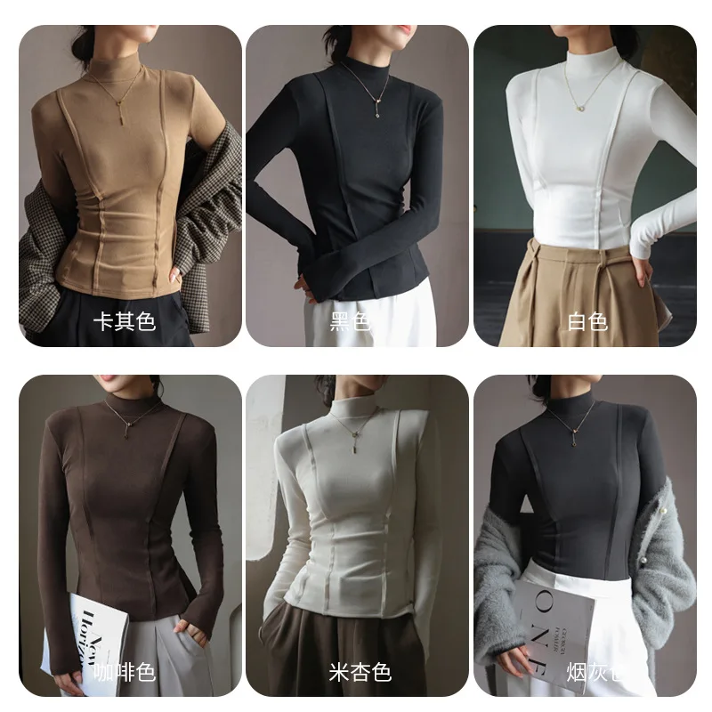 [Cashmere Silk Protein Bottoming Top] Half Turtle Collar German Velvet Autumn and Winter Women\'s Slim Long Sleeves