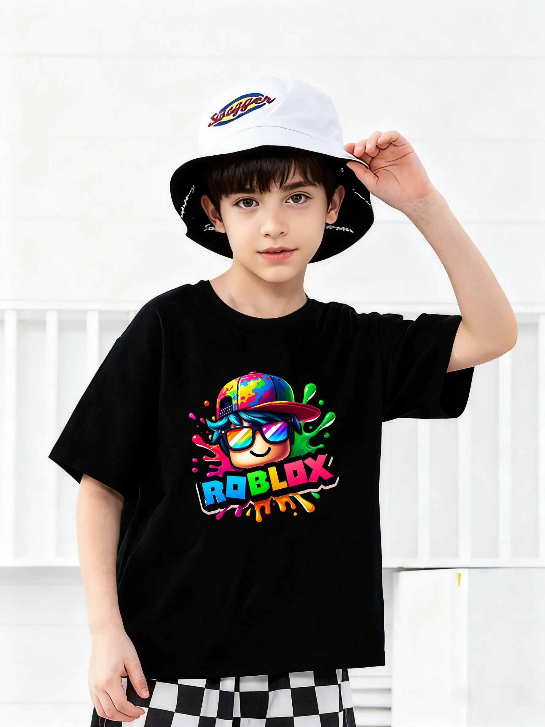 

Summer Fashion Dazzle Color Print Children Short Sleeve T-Shirt Boys Loose Black Top Cool Cool Game Wind Children's Clothing