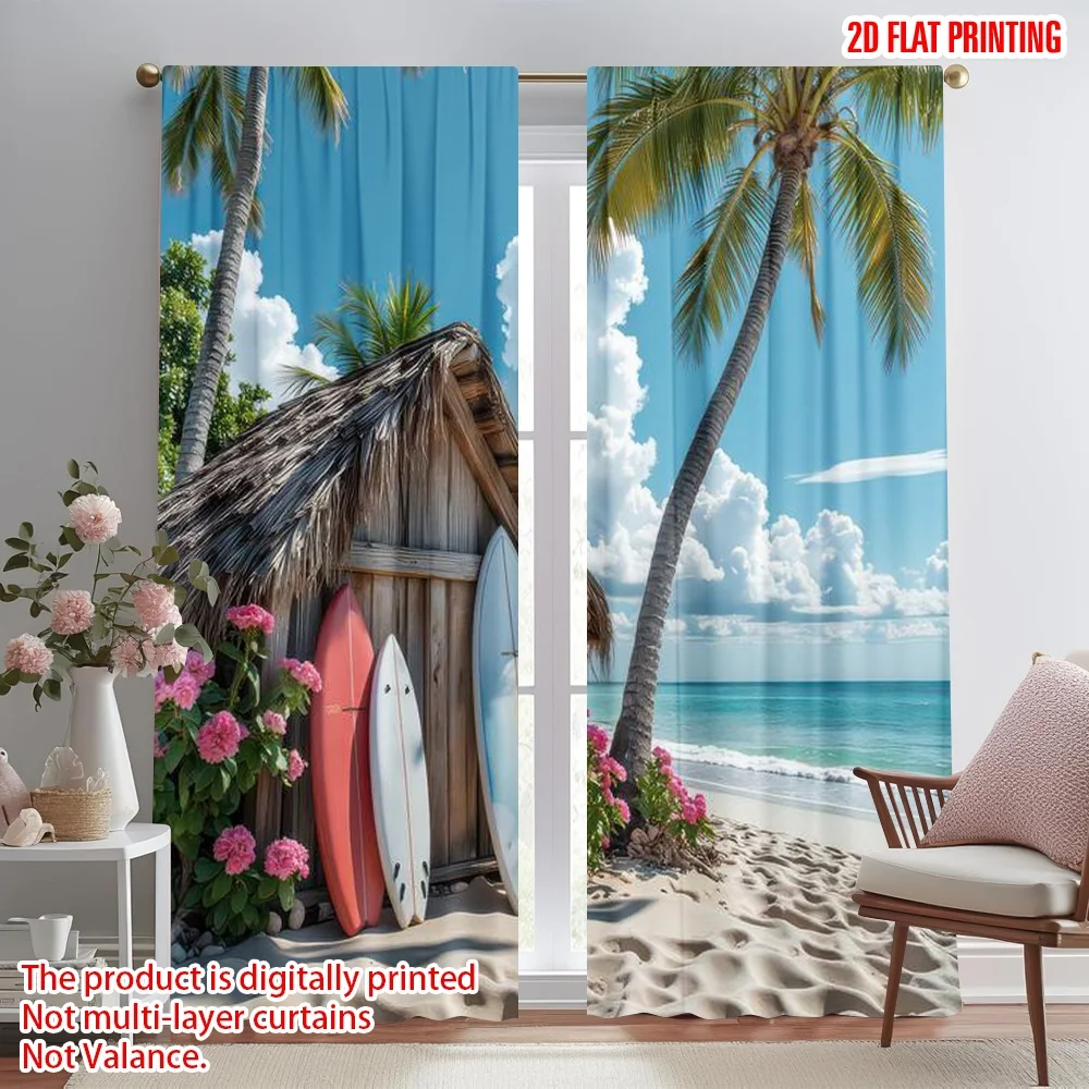 

2D flat printing 2pcs Party Curtains Tropical Beach Shed Digital Printed Polyester Drapes Party Decorations Use for Holiday