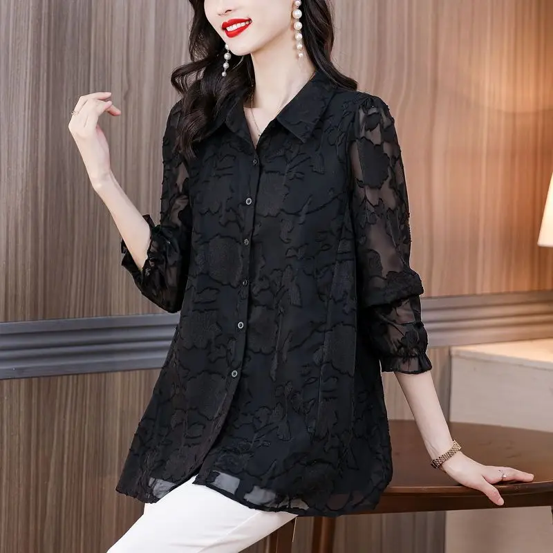 Office Lady Stylish Jacquard Weave Blouse Korean Solid Color Women\'s Clothing Casual Spring Autumn Single-breasted Lapel Shirt