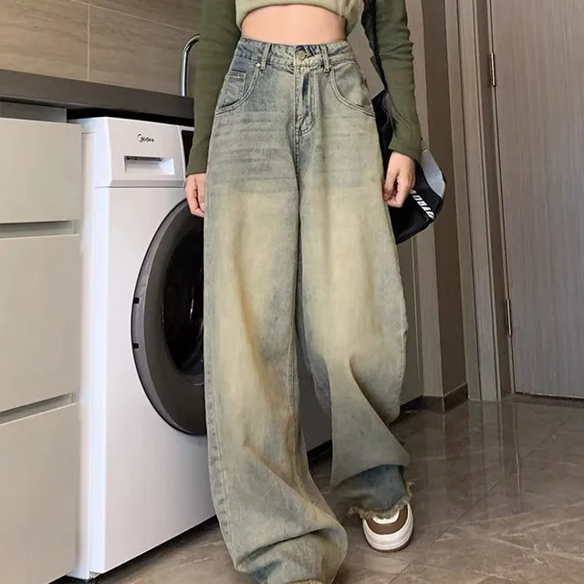 Biyaby Y2K Rough Selvedge Wide Leg Jeans Women Korean High Waisted Baggy Denim Pants Woman Streetwear Vintage Jean Trousers