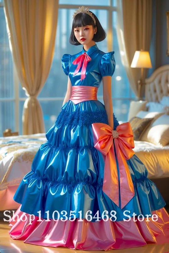 Personalizado azul vintage vestido de baile renda aparada saia inchada arco detalhando vestido de noite vitoriano ocasião especial vestidos de noite