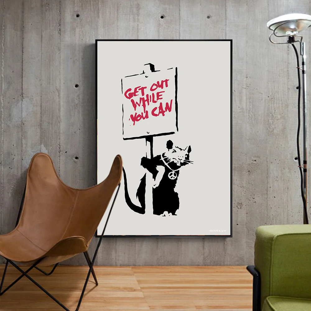 Get Out While You Can Painting Banksy Grafitti Wall Art Canvas Print Mouse Red Sign Poster for Living Room Home Decor Cuadros