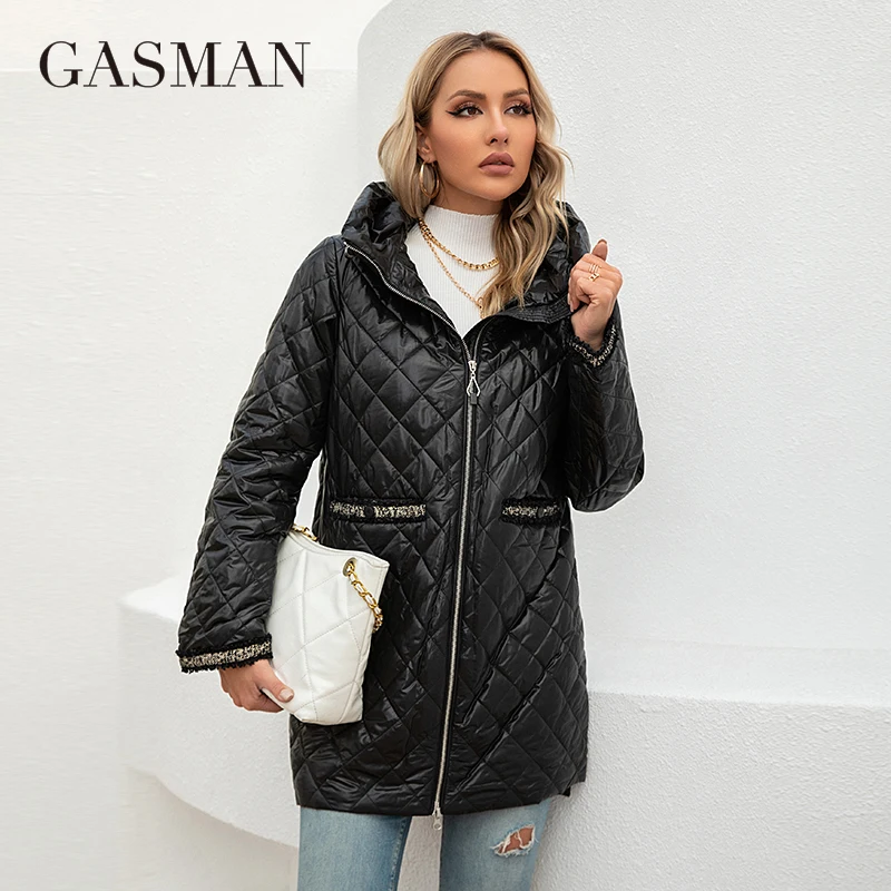 GASMAN 2023 New Spring Autumn Women coat Simple Mid-Length Fashion unique splicing Hooded design Women\'s spring jackets 8220