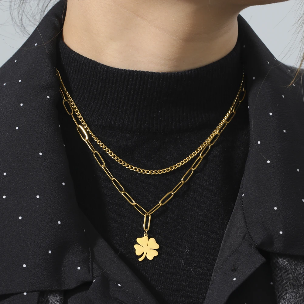 Kkjoy Edelstahl Pflanze Vierblättriges Kleeblatt Anhänger Halskette Mode Elegante Feminine Kurze Schlüsselbein Kette Halskette Schmuck – Detail 27
