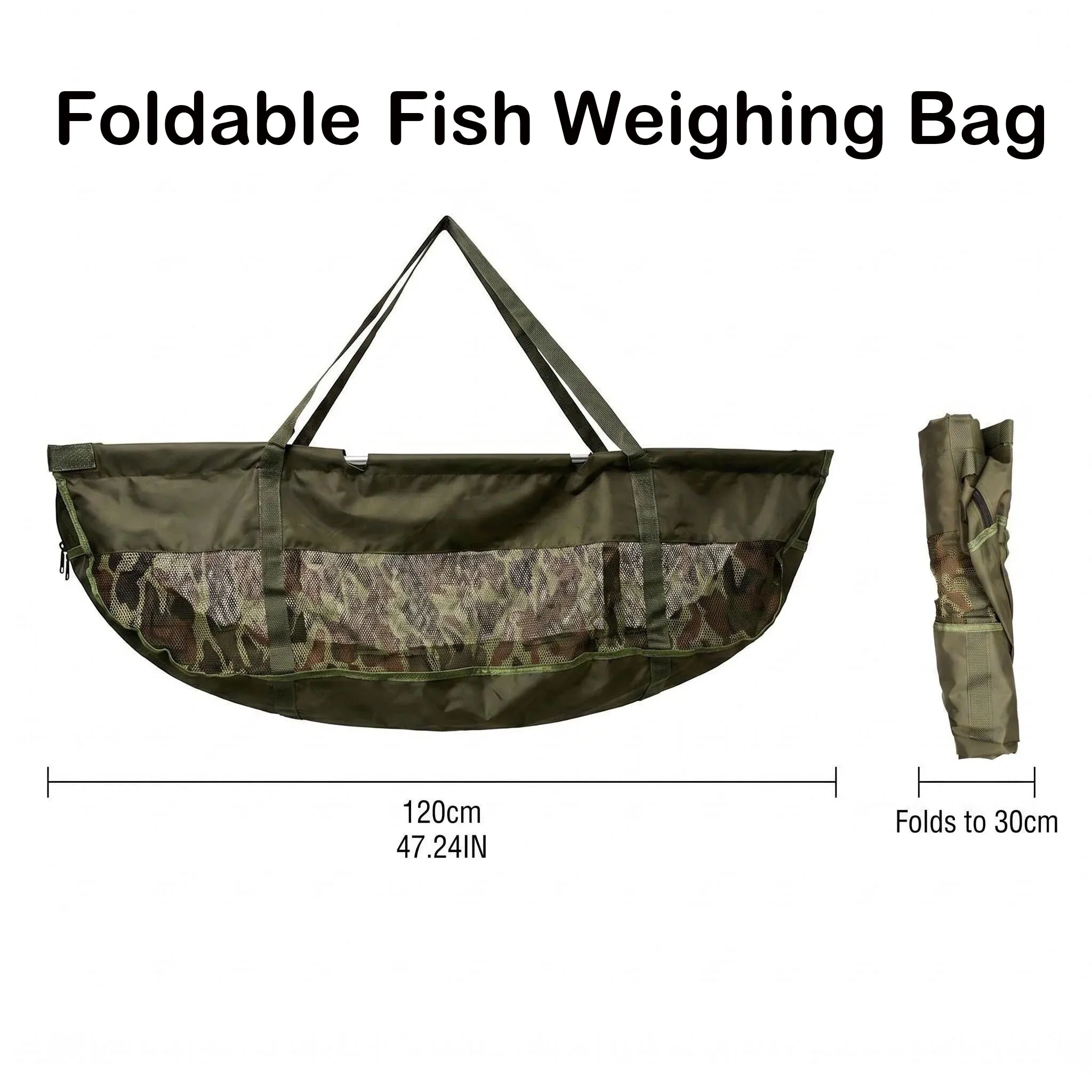 

120cm Foldable Carp Fishing Weigh Sling Camo Mesh Fish Weighing Bag with Handle Safe Fish Care Weighing Sling for Anglers