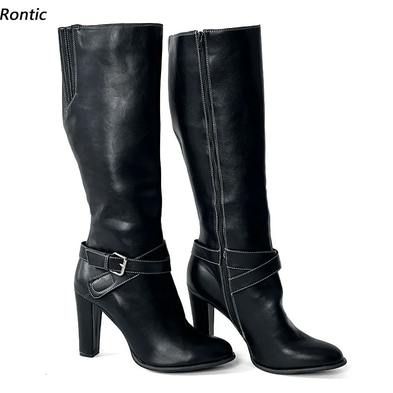 Rontic New Arrival Women Winter Knee Boots Stiffi Faux Leather Chunky Heeled Round Toe Elegant Black Party Shoes US Size 5-20