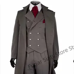 Traje clásico largo de color gris oscuro para hombre, esmoquin ajustado de doble botonadura para novio, conjunto de 3 piezas, traje de negocios para hombre