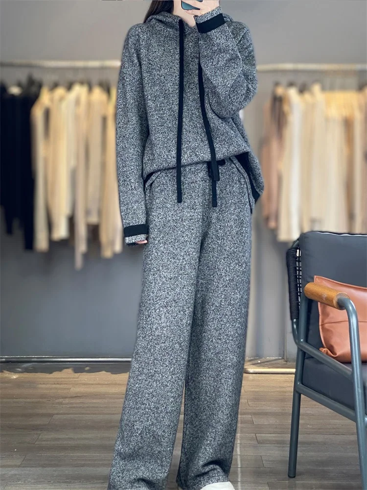 

Women's matching set 100% Merino wool hooded collar color blocked sweater elastic waist pants two-piece set knitted casual loose