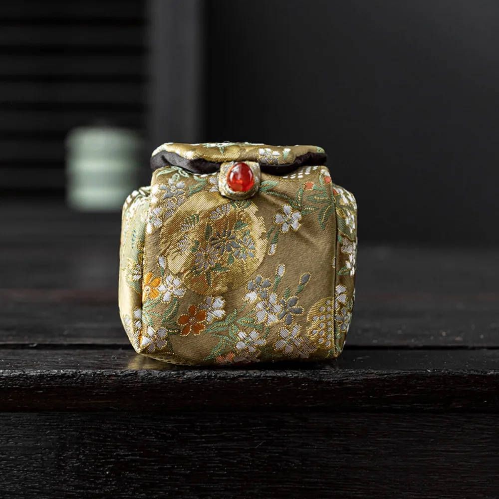 Retro Brocade Tea Bag Chinese Style Brocade Fabric Tea Cup Storage Bag Entangled Lotus Pattern Portable Tea Pot Bag Camping