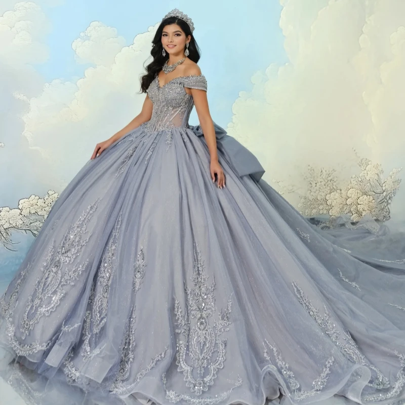 

Gray Shiny Off The Shoulder Ball Gown Quinceanera Dresses Appliques Lace Beading Tiered Tull Sweet 16 Dress vestidos 15 Anos