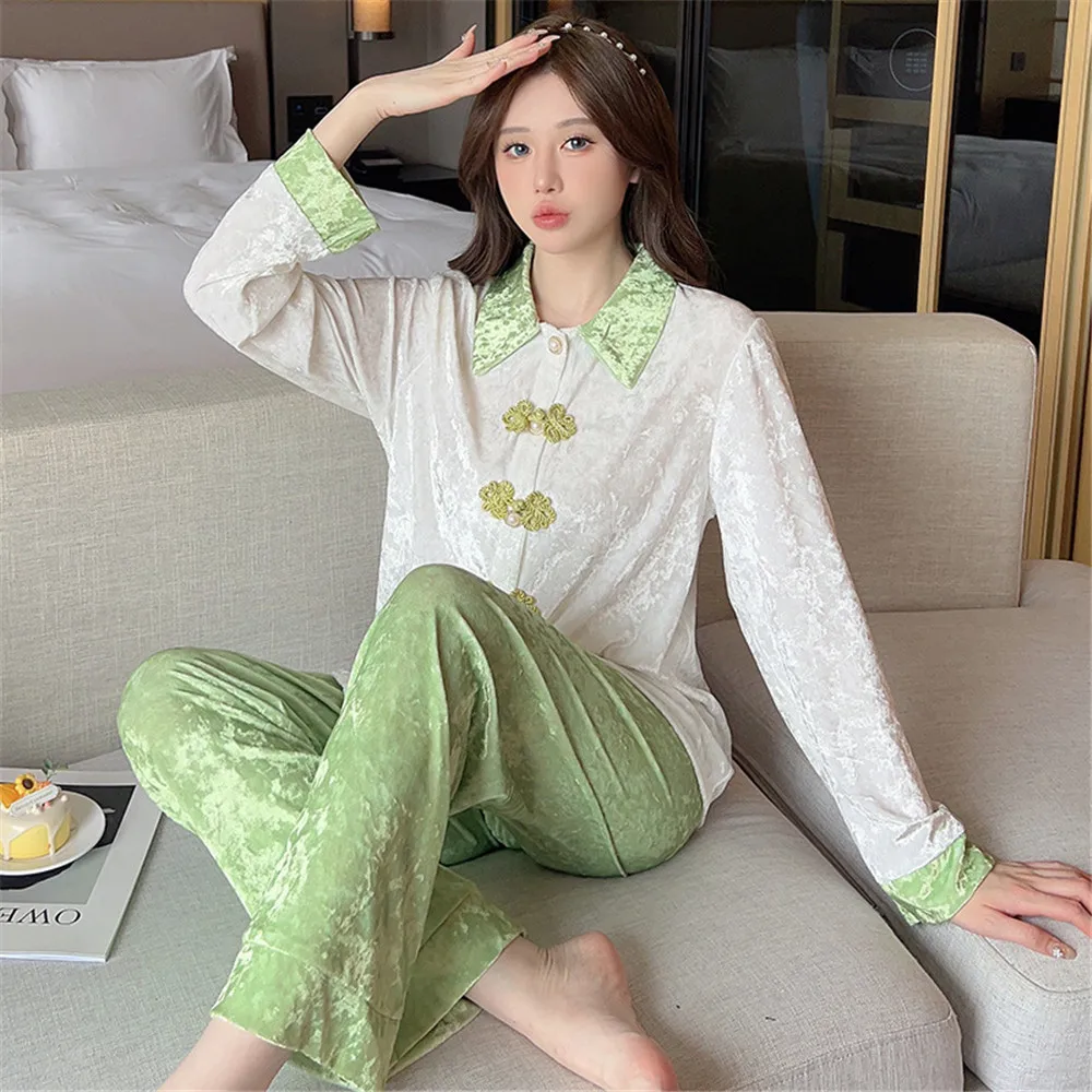 Autumn Winter Women 2PCS Pajamas Set Fashion Velvet Sleepwear Trouser Suits Loose Velour Home Clothes Lounge Wear