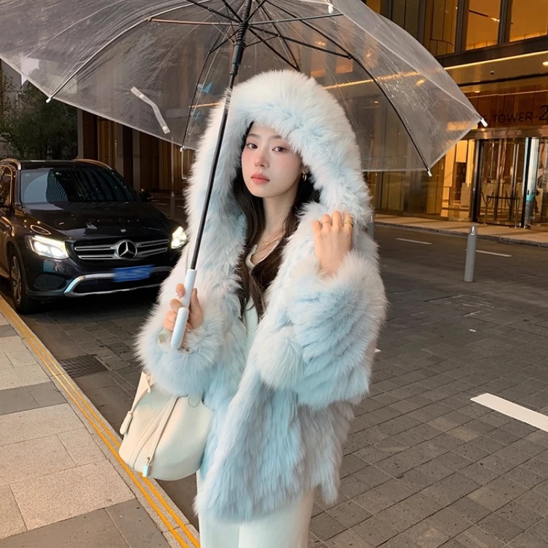 YOLANFAIRY 진짜 여우털 코트 여성용 겨울 따뜻한 후드 긴 소매 출퇴근용 청춘 자연스러운 여우털 재킷 여성용 2025