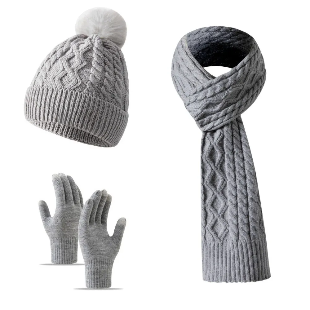 3Pcs/Set Warm Winter Hat Scarf Gloves Set Knitted Windproof Scarf Neck Warmer Suit Elastic Touchscreen Knit Beanie Snood Set