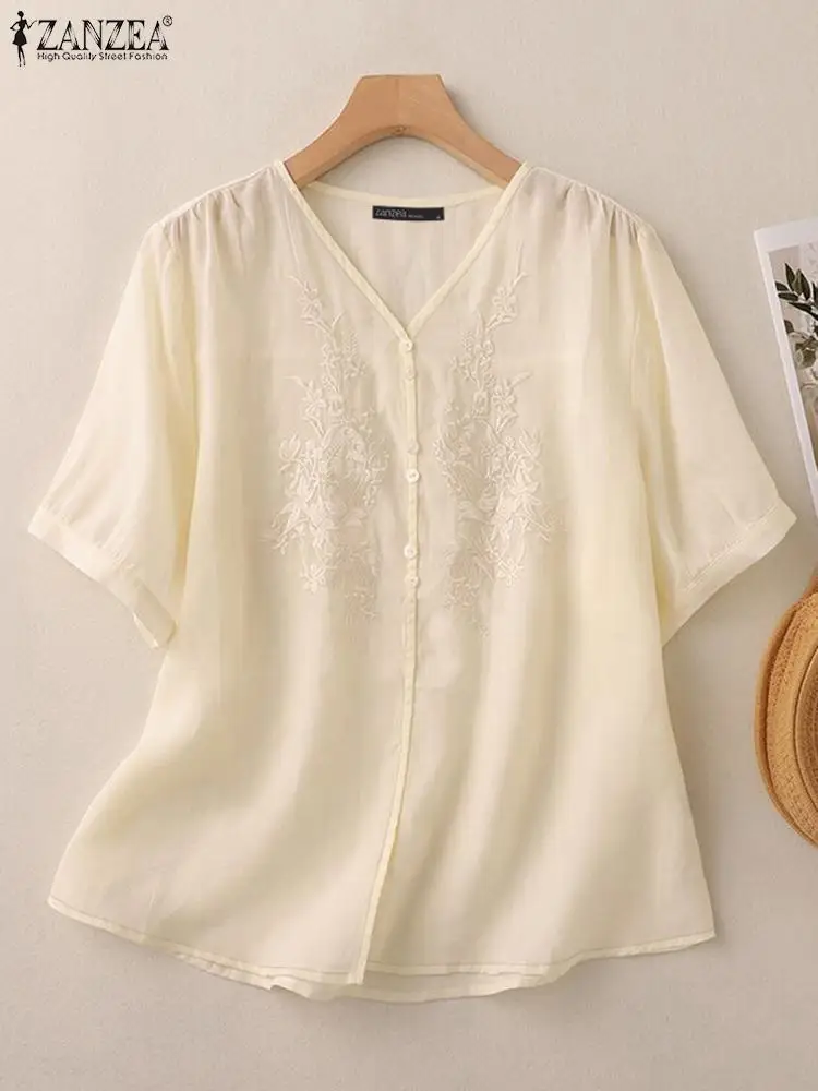 ZANZEA Vinatge Floral Embroidery Blouse Women Summer Tops Casual V Neck Short Sleeve Cotton Shirt Loose Party Work Blusas Mujer