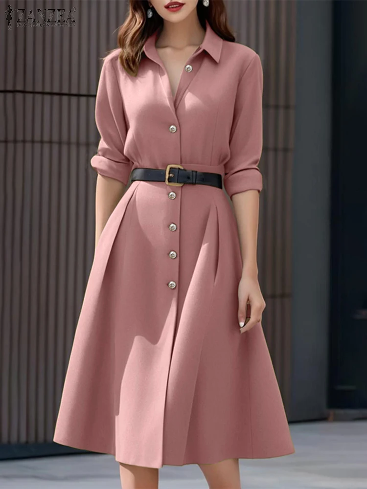 2025 ZANZEA elegante vestido camisero de otoño para mujer elegante Vestidos de trabajo OL de manga larga vestido veraniego de cintura alta sólido una línea Vestidos de fiesta