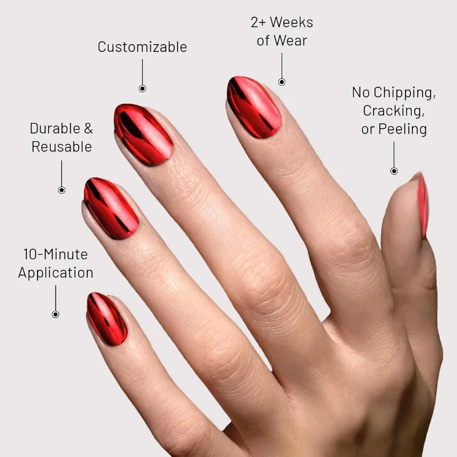 Prensa sobre uñas chapada en cereza con acabado cromado y brillante en forma corta de almendra 30 uñas 15 tamaños Incluye pegamento para uñas BrushOn N