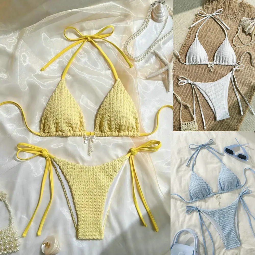 

Sexy Solid Laced Up Bikini 2 Pieces Set Women Split Swimsuit Backless Beach Bikini 2025 New Summer Swimwear Bikinis Set