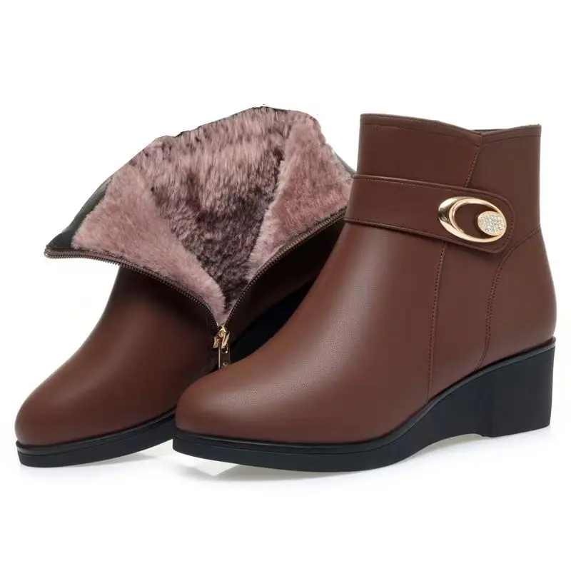 

Women Real Leather Thicken Wedges Ankle Snow Boots Soft Sole Non Slip Winter New Plush Keep Warm Lightweight Elderly Cotton Boot