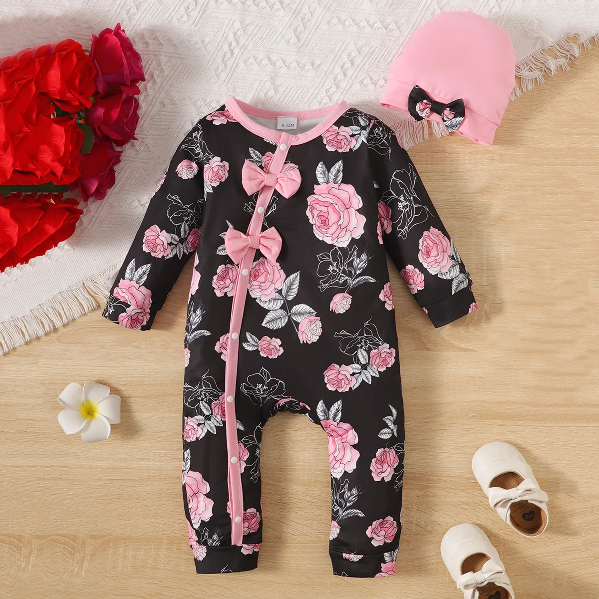 Baby Girl Floral Printed Button Up Long Sleeve Bodysuit With Bowknot, Cute Casual Jumpsuit