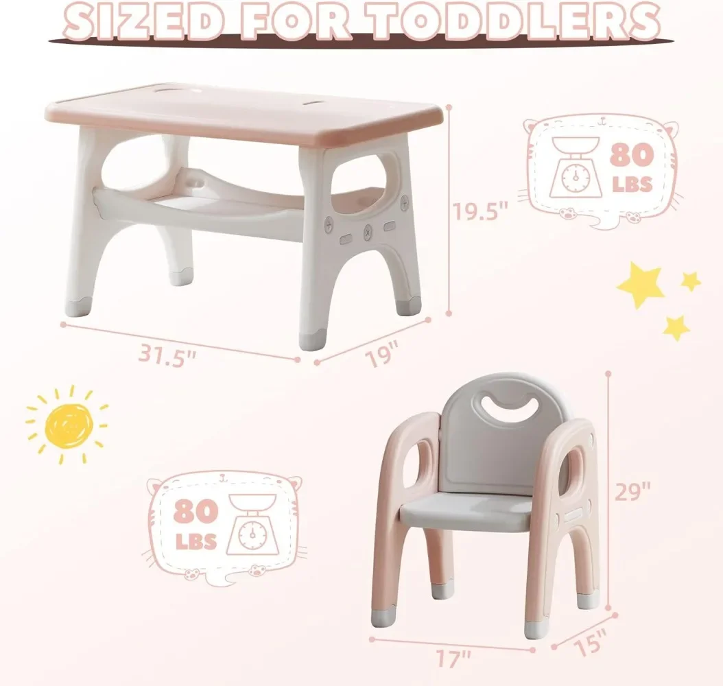 Kindertafel en 2-stoelenset, grote ingebouwde opbergruimte, Montessori peuterstafel en stoelenset, kinderactiviteitentafel om te tekenen