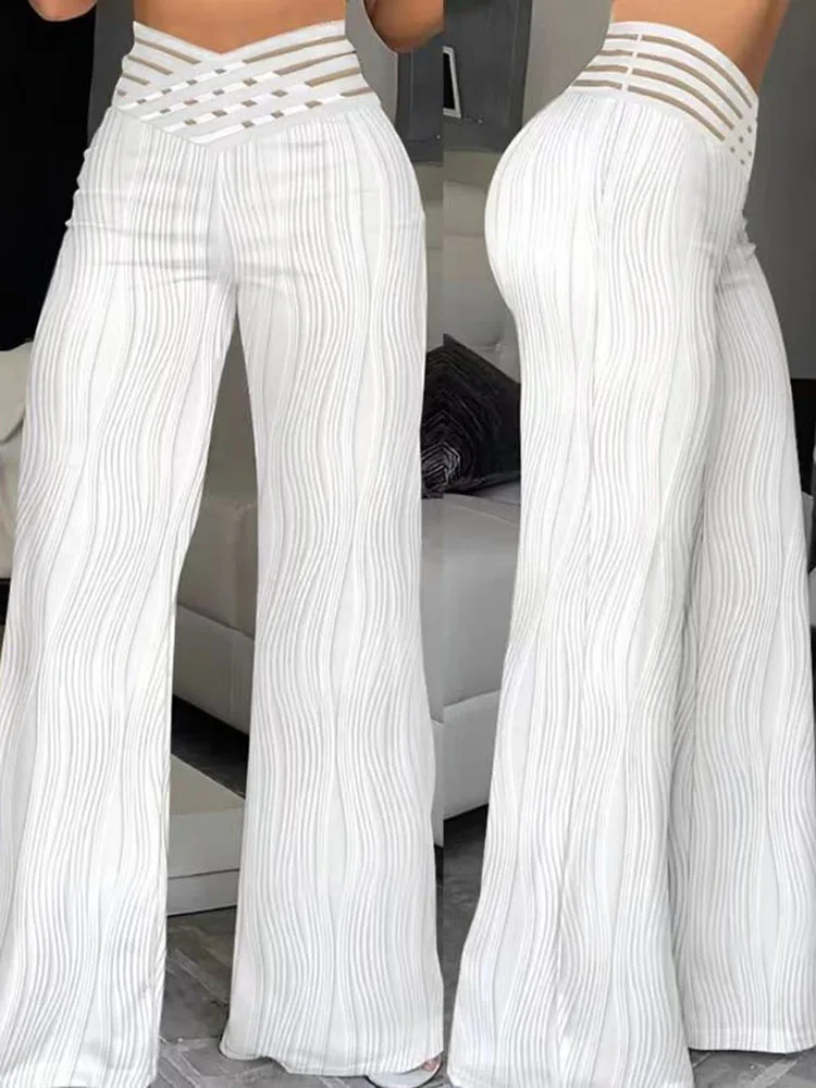 2023 Fashion Wide Leg White Pant Office Elegant  Sheer Mesh Patch Trousers Casual High Waist Flared Pants Black Women Clothing