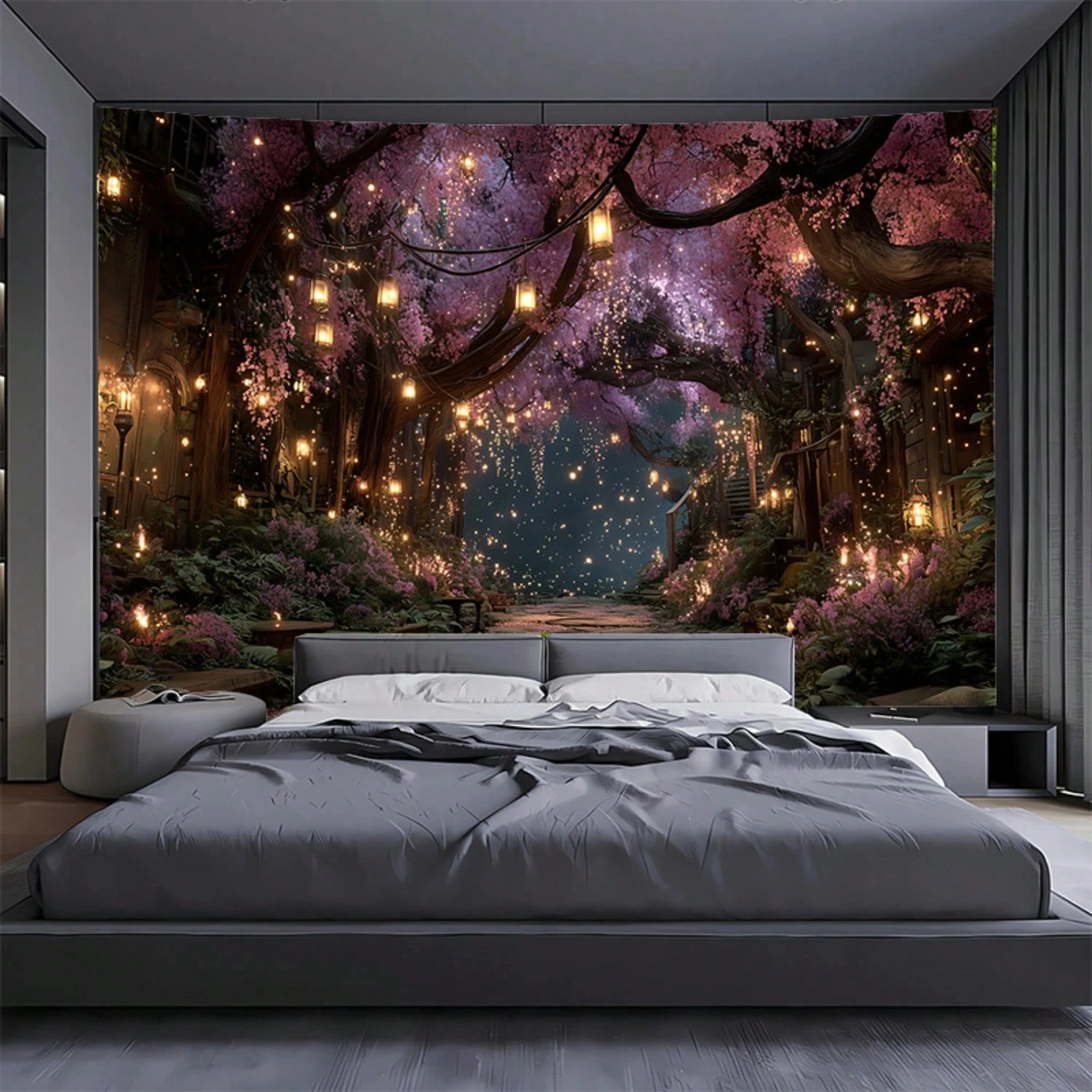 1pc Enchanted Cherry Blossom Tapestry, Magical Forest Wall Hanging, Cool Room Stuff, Large Size, Polyester 2D Print, Bedroom Stu