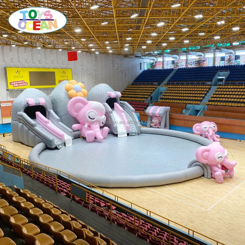Cute Pink Elephant Inflatable Playground with Double Slides | Indoor Soft Play Amusement Park for Kids Party & Events