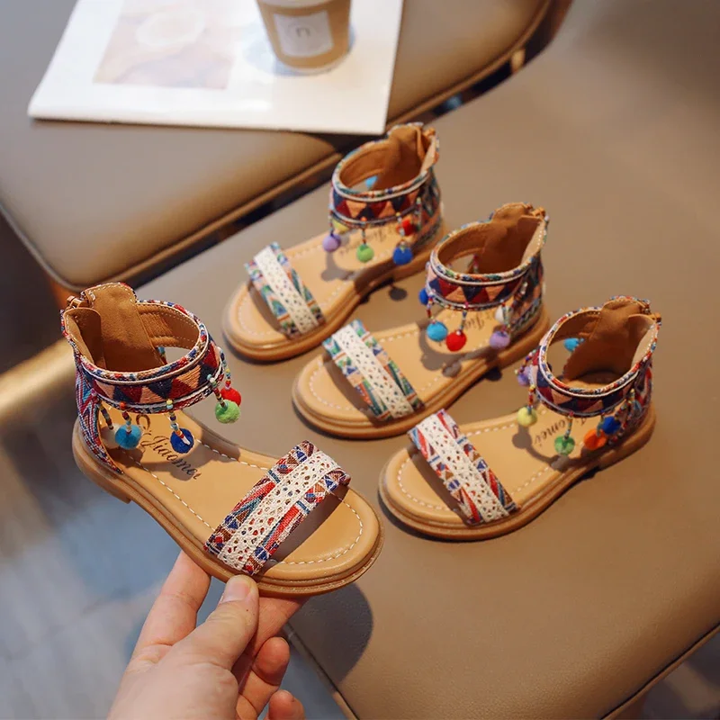 Ethnic Style Simple Children Roman Shoes 2024 New Soft Breatheable Flats Open-toe Kids Shoes Non-slip Girls Sandals GLADIATOR