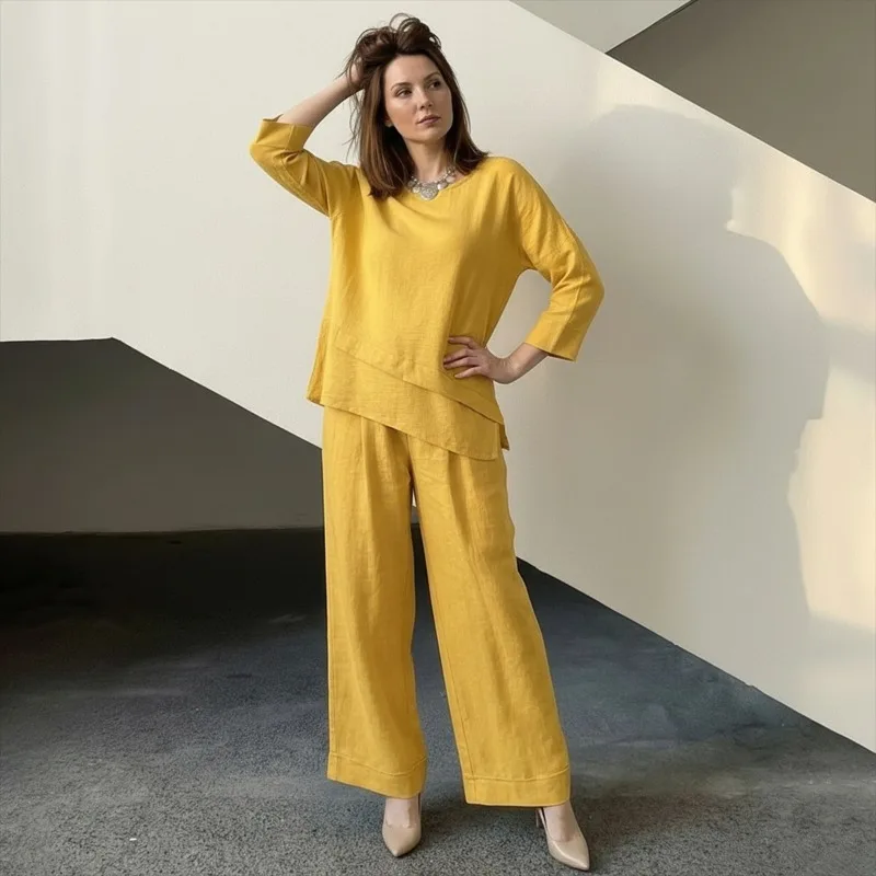 Yeezzi Women's Solid Color Asymmetric Hem V-Neck Tops & Pockets High Waisted Wide Leg Pants Casual Daily Commute 2 Piece Sets