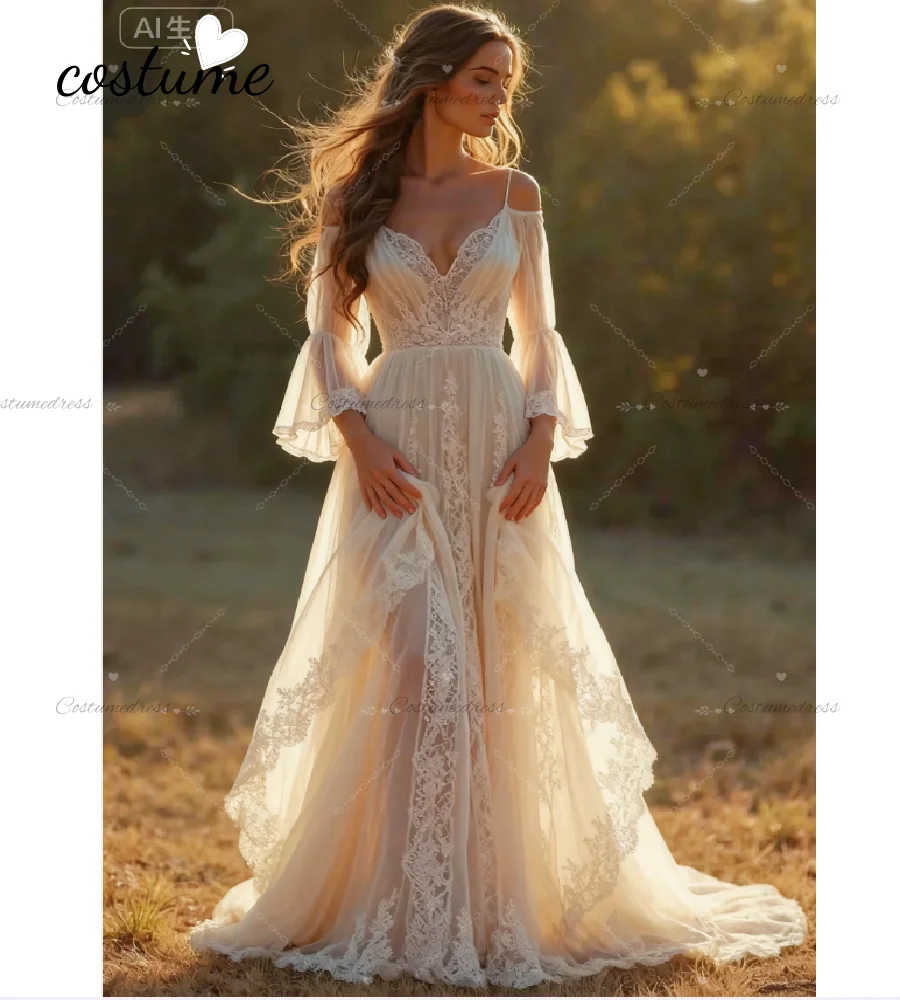 Whimsical Forest Bohemian Wedding Dress 2026 Fantasy Elven Enchanted Woodland Bride Gown Fairy Lace Boho Bride Dress Gatsby Chic