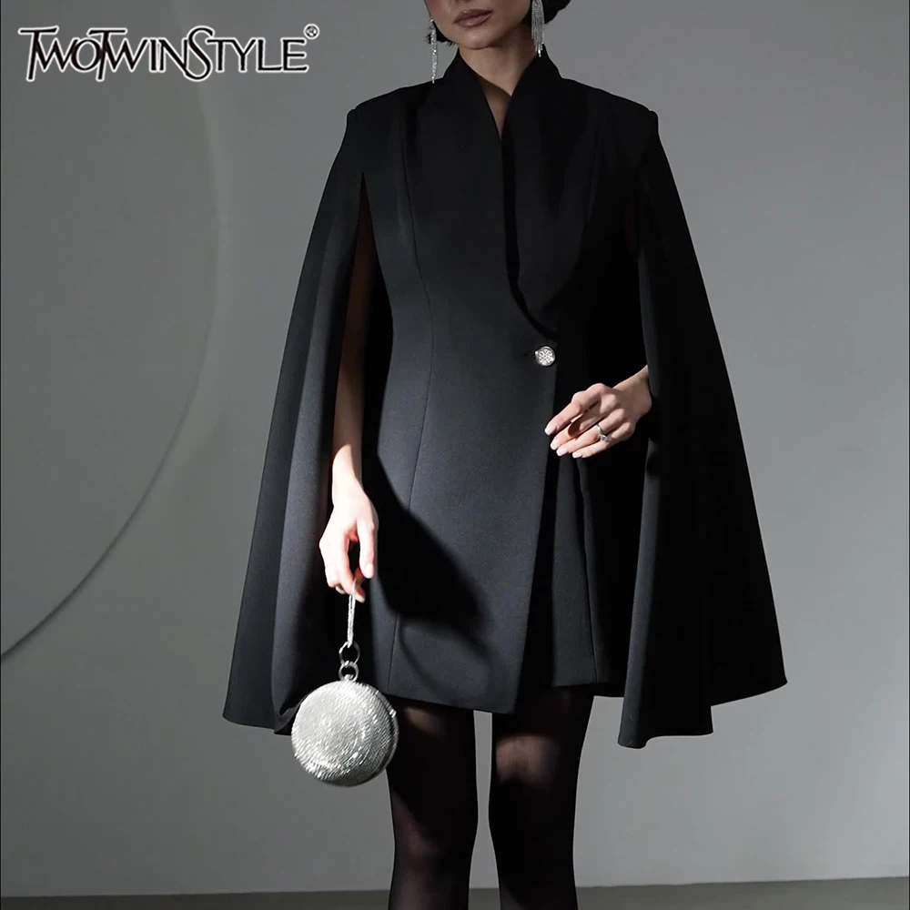 

TWOTWINSTYLE Solid Slimming Spliced Button Temperament Blazers for Women V Neck Cloak Sleeves Tunic Fashion Blazer Female New