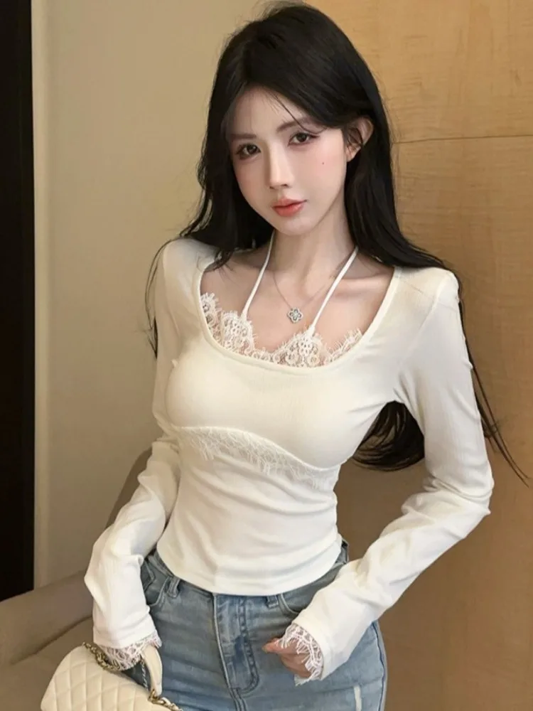 

Sexy Pure Desire White Lace Long Sleeve T-Shirt Women's Autumn Winter Tight Short Beautiful Top Inner Wear Base Shirt