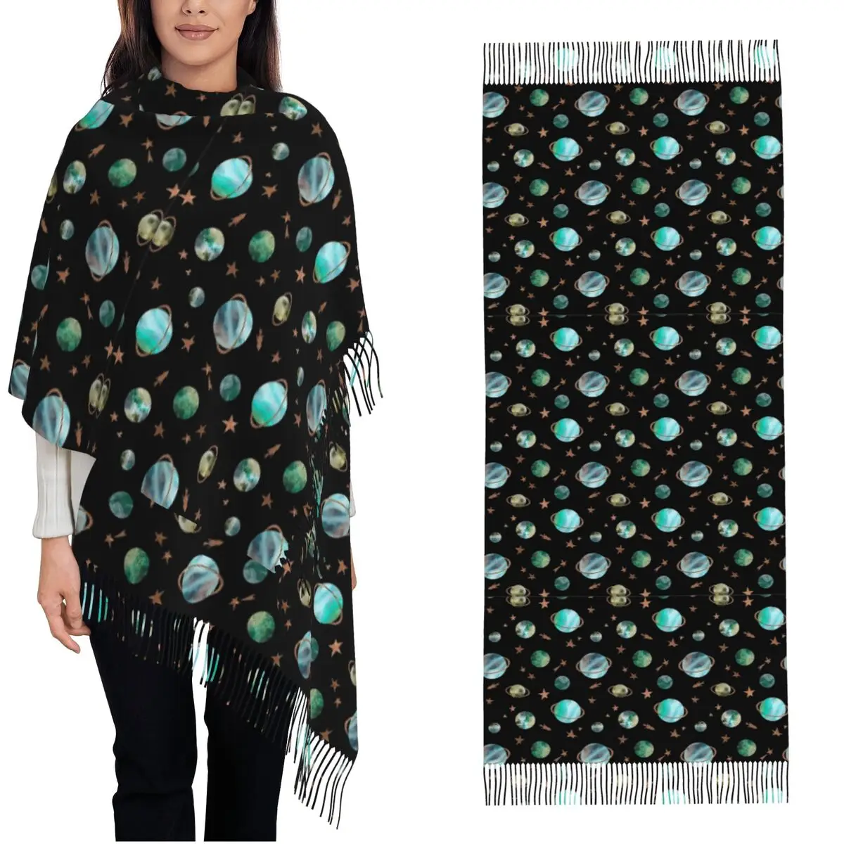 

Уличный шарф, зимняя космическая планета и золотые звезды, акварельный рисунок, шаль, накидки Bufanda, унисекс, роскошные большие шарфы 2024, 2024, большие шарфы