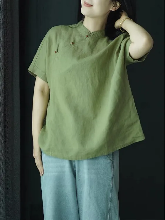 新しい中国風レトロコットンリネン半袖シャツ女性のルーズフィットボタンアップスタンドカラー伝統的なチャイナドレストップ