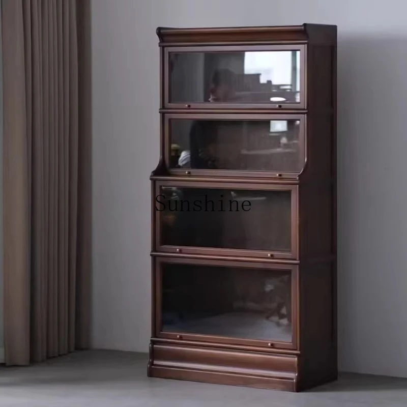 

American solid wood simple storage cabinet household floor-to-ceiling glass door combination wall bookshelf