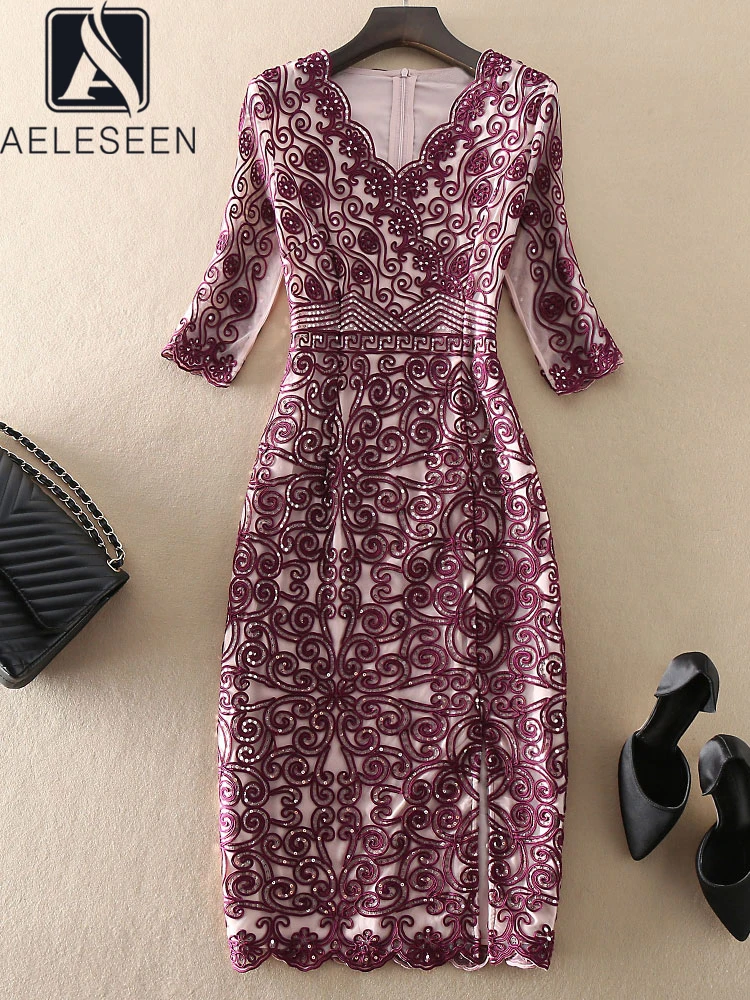 

AELESEEN Designer Fashion Dress 2023 Spring Summer Purple Flower Embroidery V-Neck Mesh Sequined Elegant Slim Midi Party