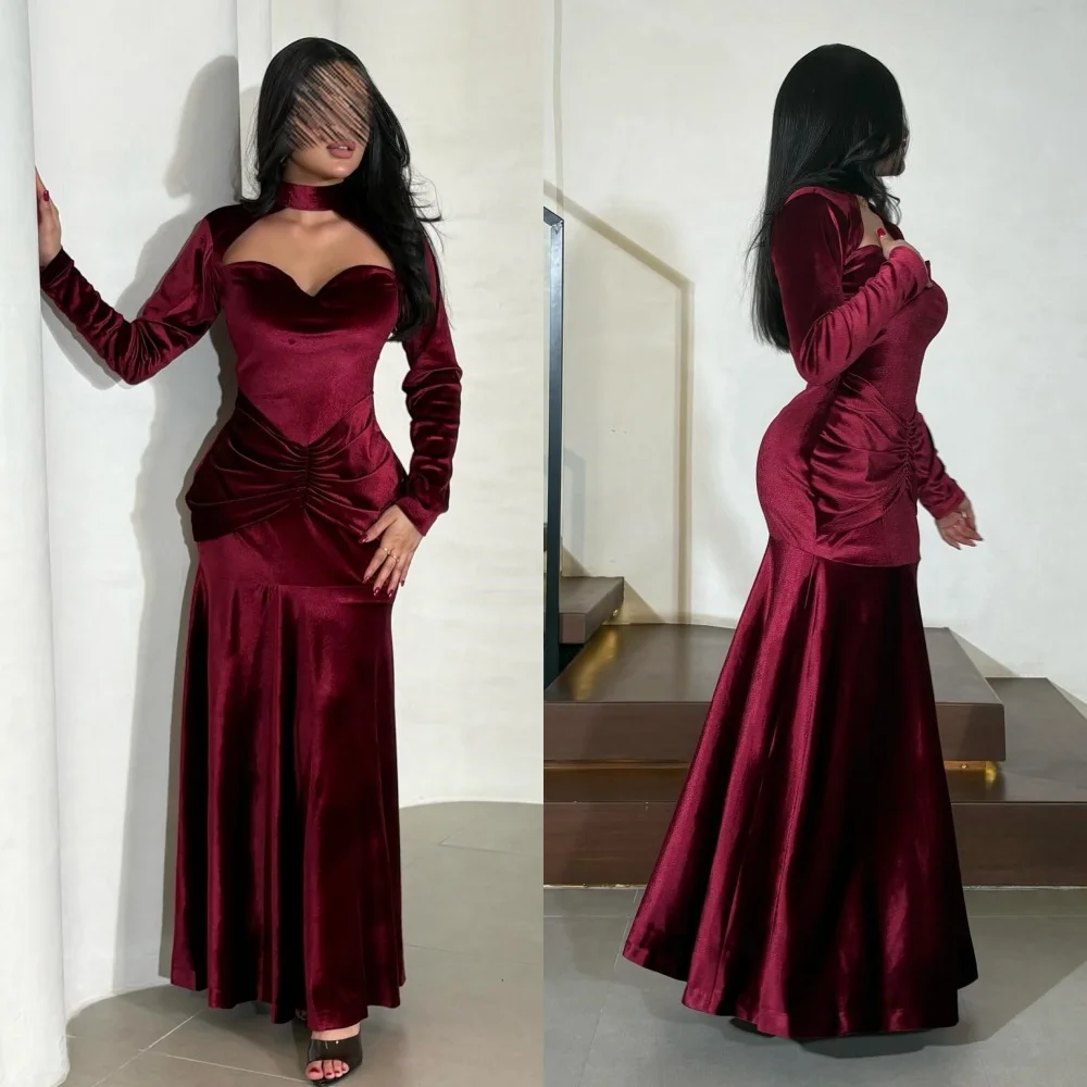 

Customized Matching Velour Pleat Trumpet High Collar Midi Dresses Bespoke Occasion Dresses Sizes Available Saudi Arabia