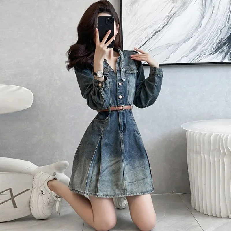 Frühling Neue Denim Kleid Langarm Retro Kurzen Rock EIN Wort Französisch Casual Hemd Kragen Rock Einfache Pendeln Koreanische Version