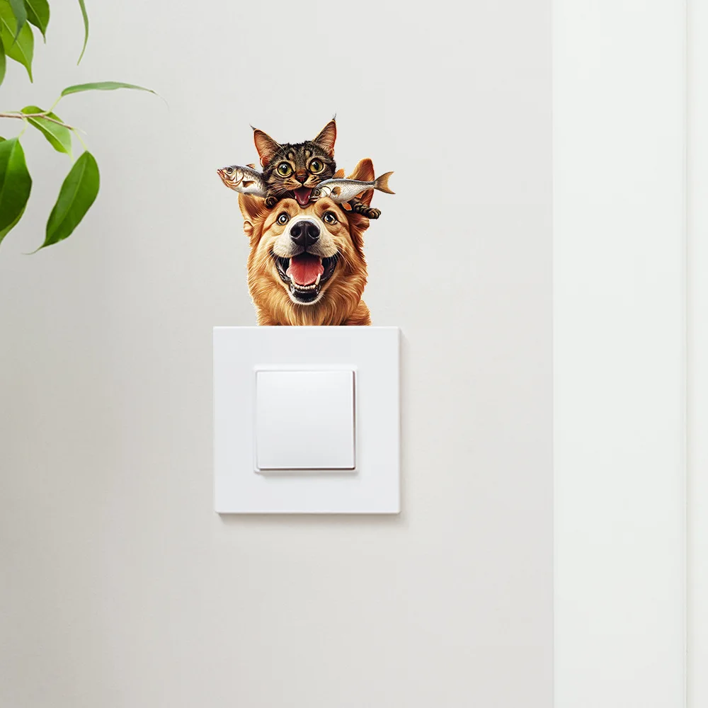 Cartoon Cat Dog Funny Switch Sticker Living Room Home Background Socket Decoration Wall Decals Bedroom Decor Self-adhesive Mural