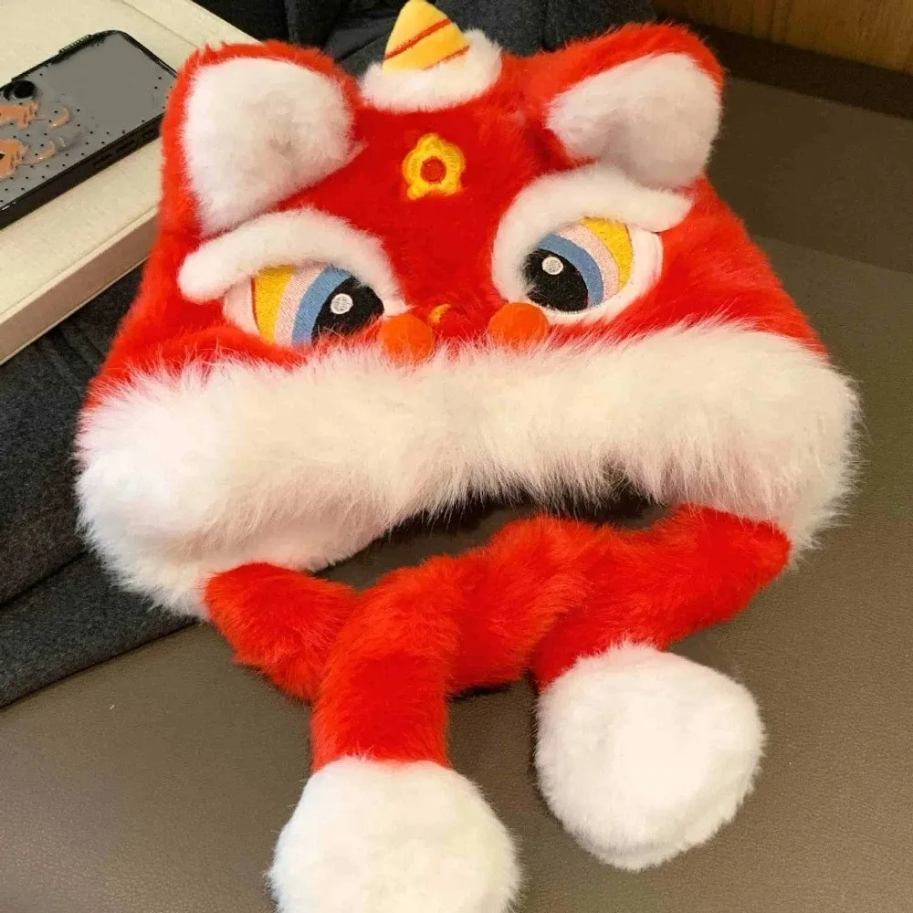 

Kawaii Ear Muffs Lion Dance Hat Thickened Chinese Style New Year Red Cap Soft Cute Winter Warm Hat Female/Girls