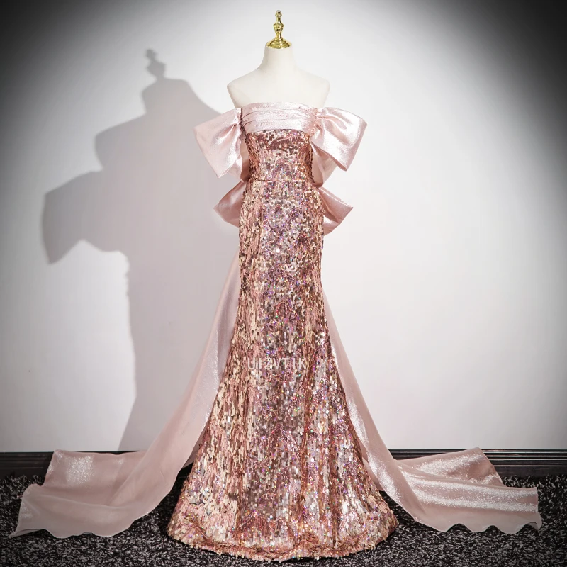 

Pink Shiny Prom Gowns Off the Shoulder Big Bow Cape With Long Train Evening Party Dresses Customized Strapless Wedding Dresses