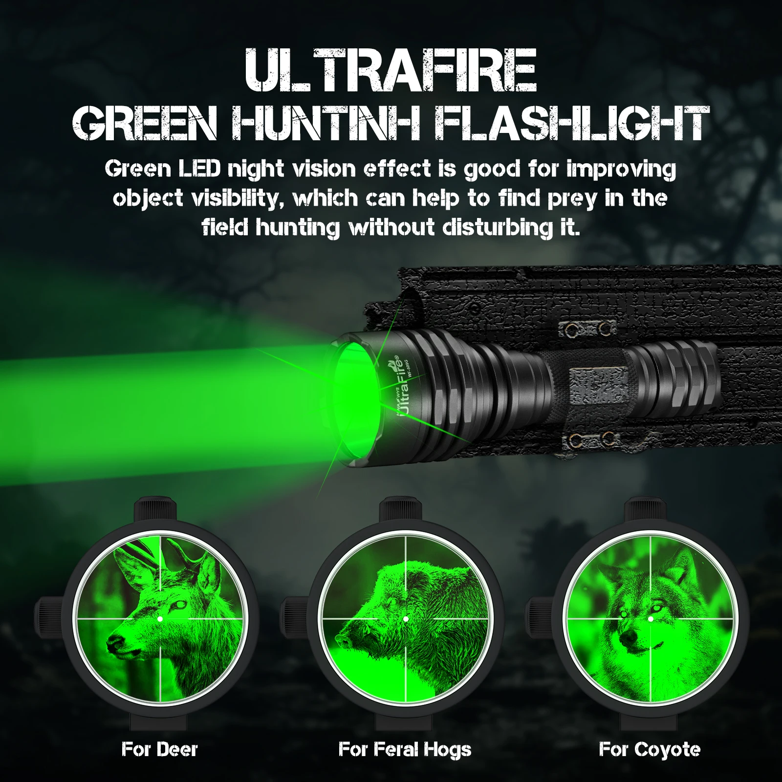 Lampe de poche de chasse verte UltraFire WF-509G 10 W 500 mètres longue portée torche LED tactique 18650 projecteur de vision nocturne rechargeable Fox Hog Predator Light