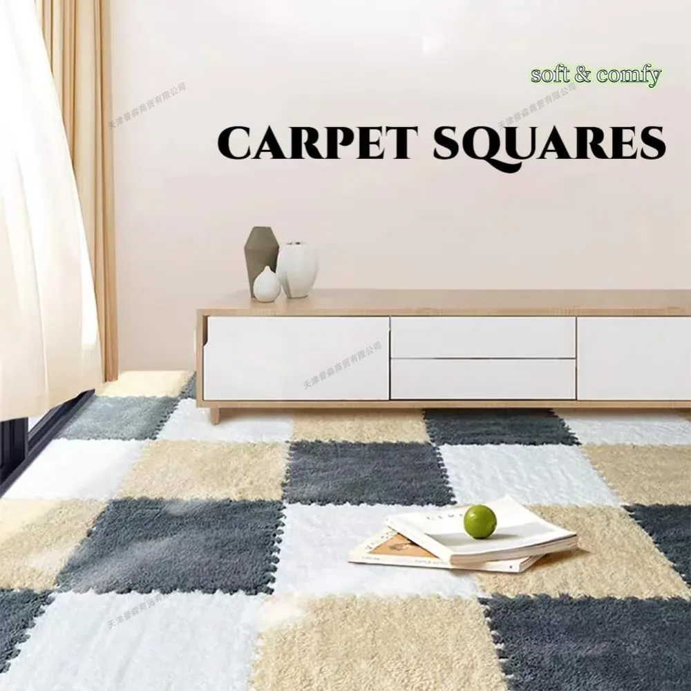 16Pcs Baby Play Mat Plush Puzzle Foam Floor Cute Soft Fluffy Interlocking Square Foam Tiles Area Rugs Carpet for Parlor Bedroom